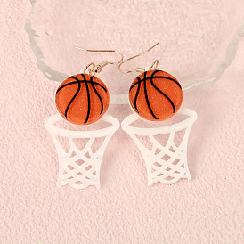 Акриловые серьги-подвески с принтом, баскетбол с баскетбольной сеткой, акриловые серьги-подвески с принтом, золотые