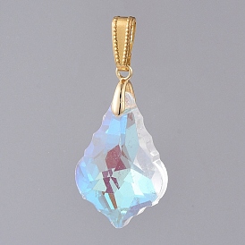 AB Color Plated Electroplate Glass Pendants, with Golden Plated Brass Pendant Bails, Faceted, Leaf