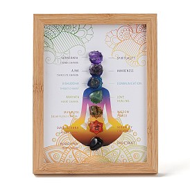 Support de cadre photo chakra de pierres précieuses de yoga, avec cadre photo rectangle en bois, décoration de bureau à domicile en pierre d'énergie reiki