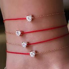 Minimalist Heart Anklet Set with Red Rope and Diamond Inlay (4 Pieces)