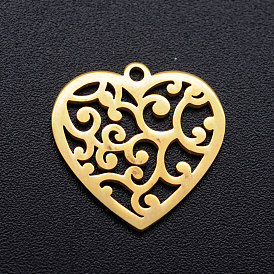 304 Stainless Steel Pendants, Laser Cut, Ion Plating(IP), Heart with Cirrus