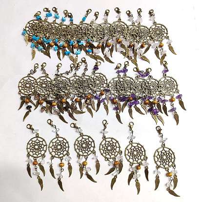 Red/telaraña tejida con chips de piedras preciosas y aleación de estilo tibetano con decoración colgante de plumas, con cierres de pinza de langosta y cuentas de madera