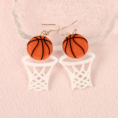 Акриловые серьги-подвески с принтом, баскетбол с баскетбольной сеткой, акриловые серьги-подвески с принтом, золотые