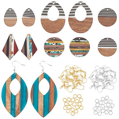 Kit de fabricación de aretes de bricolaje, incluyendo colgantes de resina y madera de nogal, ganchos de hierro para pendientes y anillos de salto abiertos, en forma de mezcla