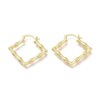 Brass Hoop Earrings, Long-Lasting Plated, Rhombus with Bamboo Stick