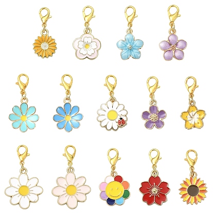 14 piezas de aleación de esmalte colgante decoraciones, flor, con broches de langosta de la aleación de la garra