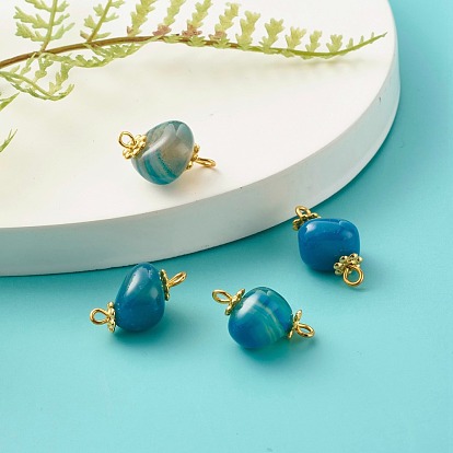 Connecteurs de lien de perles teintes en agate naturelle, avec des perles de fleur d'espacement en alliage et une épingle à œil en laiton, or, nuggets