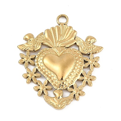 304 подвески из нержавеющей стали, Священное сердце с цветочным шармом, ионное покрытие (ip)