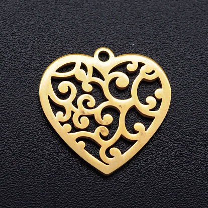 304 Stainless Steel Pendants, Laser Cut, Ion Plating(IP), Heart with Cirrus