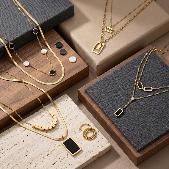 304 Stainless Steel & Acrylic Rectangle Pendant Double Layer Necklaces