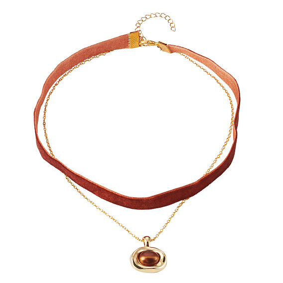 Овальный кулон из сплава смолы, односторонний, темно-красная бархатная лента и латунная цепочка, двухслойное колье-чокер
