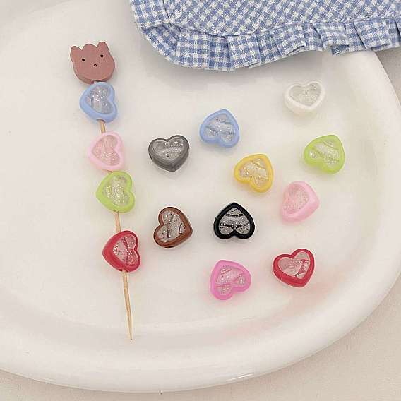 Прозрачные акриловые бусины, бусина в бусине, сердце, с блеском порошок