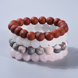 Natural Gemstone Beads Stretch Bracelets, with Natural White Jade, Frosted Natural Rose Quartz, Natural Zebra Jasper and Natural Red Jasper, Packing Box