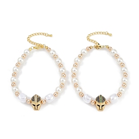 Браслеты с подвесками из латуни с микропаве из кубического циркония, с abs имитационными жемчужными бусинами , без кадмия и без свинца, долговечный, реальный 18 k позолоченный, череп