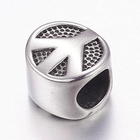 304 Stainless Steel European Beads, Large Hole Beads, Peace Sign