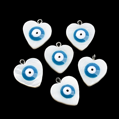 Natural Freshwater Shell Enamel Pendants, Heart Charms with Evil Eye, with Platinum Tone Alloy Loops