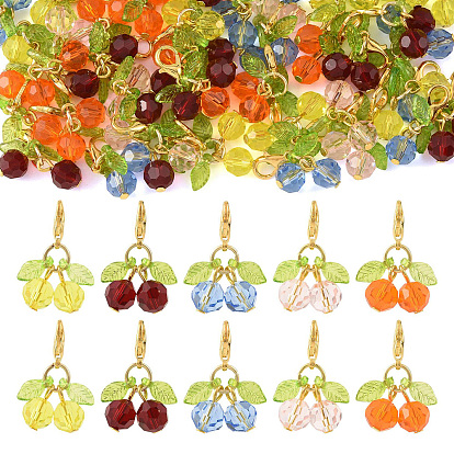 50pcs 5 décorations suspendues en verre et acrylique de couleurs, avec alliage de zinc homard fermoirs pince, or, cerise