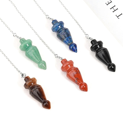 Natural & Synthetic Gemstone Dowsing Pendulum Big Pendants, with Platinum Plated Brass Findings, Cone Charm