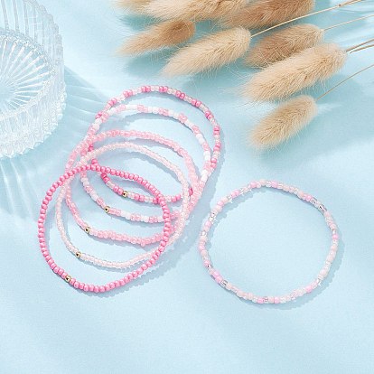 6Pcs Glass Seed & Brass Beaded Stretch Bracelets Set, Stackable Bracelets