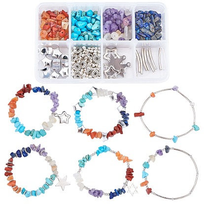 DIY Gemstone Bead Stretch Bracelets Making Kits, include Brass Tube Beads & Pendants, 304 Stainless Steel Pendants, Alloy & Iron Beads, Clear Elastic Crystal Thread