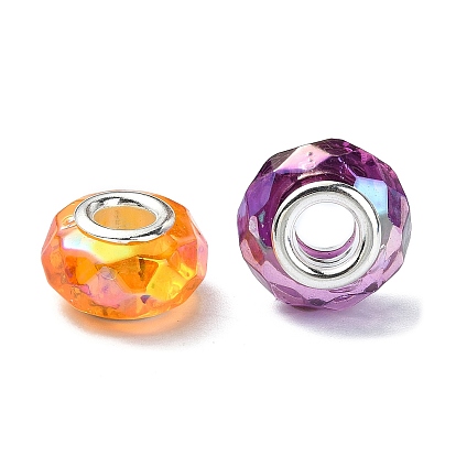 Transparent Acrylic European Beads, Large Hole Beads, with Stainless Steel Core, Faceted, Flat Round