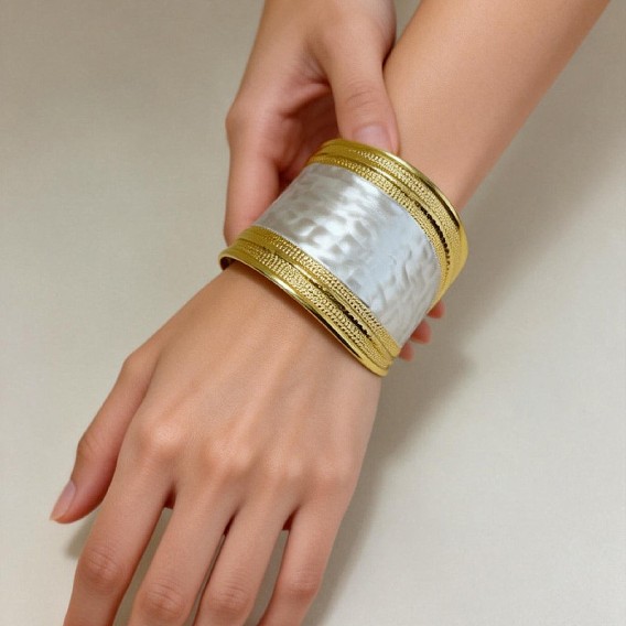 Iron Enamel Textured Open Cuff Bangles for Women, Silver Color