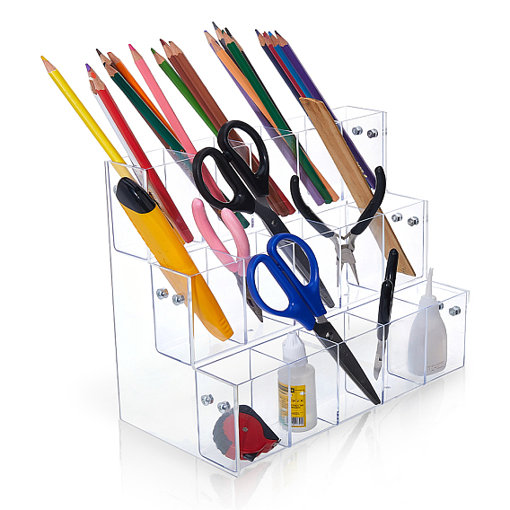 3-Tier Plastic Pen & Pencil Display Riser Holder, Rectangle