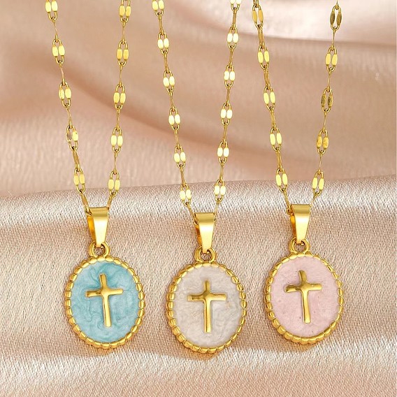 201 Овальное подвесное украшение из нержавеющей стали с эмалью и крестиком на цепочке, золотые