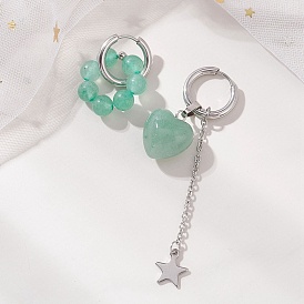 Сердечко ко Дню святого Валентина 304 Серьги-кольца из нержавеющей стали, с натуральным и синтетическим драгоценным камнем, цвет нержавеющей стали, слева и справа