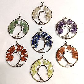 7 colgantes grandes con chips de piedras preciosas mixtas naturales envueltos con cable de cobre chakra, árbol de la vida encantos, Bronce antiguo