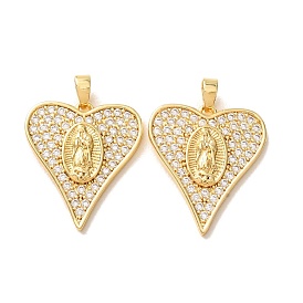 Brass Micro Pave Clear Cubic Zirconia Pendants, Heart with Virgin Mary Charms
