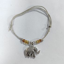 Adjustable Waxed Cotton Cord Charm Bracelets, Alloy Elephant Bracelets, with Glass Seed