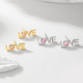 Romantic Valentine's Day S925 Sterling Silver Pink Cubic Zirconia Stud Earrings, Word LOVE