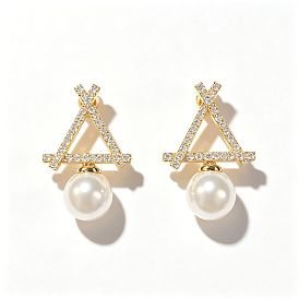 Brass Micro Pave Clear Cubic Zirconia Triangle Stud Earrings, Round Plastic Pearl Dangle Earrings for Women