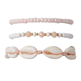 Summer Beach Natural Mixed Cowrie Shell Glass & Alloy Beaded Stretch Bracelet & Braided Bead Bracelets Sets, Stackable Bracelets