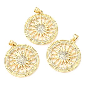 Rack Plating Brass Micro Pave Cubic Zirconia Pendants, Long-Lasting Plated, Lead Free & Cadmium Free, Flat Round with Sun