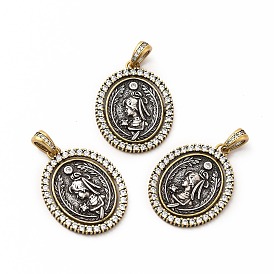 Rack Plating Brass Micro Pave Cubic Zirconia Pendants, Long-Lasting Plated, Lead Free & Cadmium Free, Oval with Greece Coin Charm