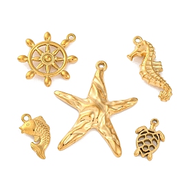 Ocean Theme 304 Stainless Steel Pendants, Real 18K Gold Plated, Helm & Starfish & Turtle & Sea Horse Charm