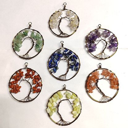 7 colgantes grandes con chips de piedras preciosas mixtas naturales envueltos con cable de cobre chakra, árbol de la vida encantos, Bronce antiguo