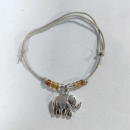 Adjustable Waxed Cotton Cord Charm Bracelets, Alloy Elephant Bracelets, with Glass Seed