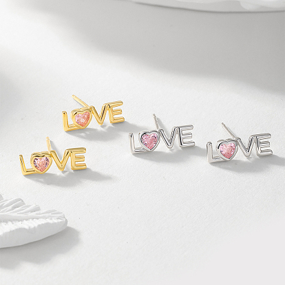 Romantic Valentine's Day S925 Sterling Silver Pink Cubic Zirconia Stud Earrings, Word LOVE