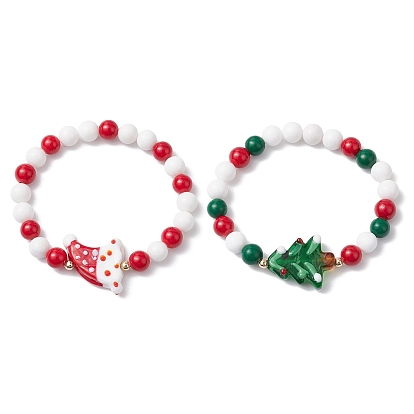2Stück Weihnachtsmotiv, natürliche Mashan-Jade und Lawmwork-Perlen, Stretch-Armbänder für Frauen und Männer