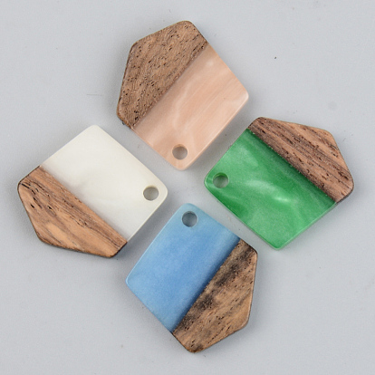 Opaque Resin & Walnut Wood Pendants, Polygon