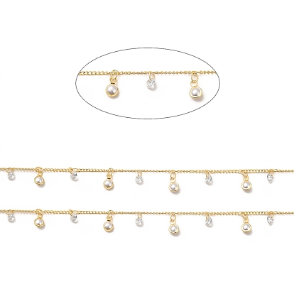 Brass Curb Chains, with ABS Plastic Imitation Pearl & Glass Charms, Soldered, with Spool