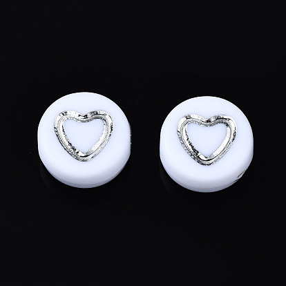 Perles acryliques blanches opaques, plat rond avec coeur en argent
