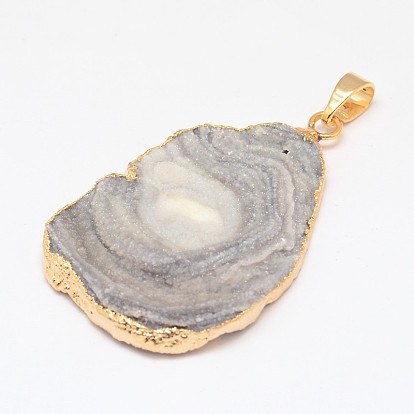 Nuggets Natural Druzy Agate Pendants, with Brass Findings, 40~60x22~35x5~15mm, Hole: 7x5mm