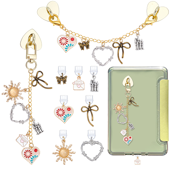 9Ensembles de bouchons anti-poussière en PVC et de supports de téléphone portable en fer, avec des pendentifs en alliage, émail et verre, formes mixtes, or