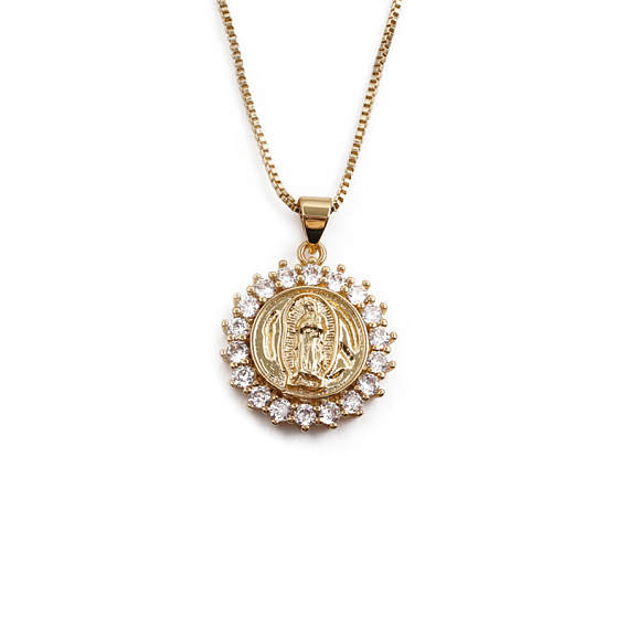 Mary Mother of Jesus CZ Pendant Necklace in Copper Plated Gold for Women