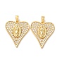 Brass Micro Pave Clear Cubic Zirconia Pendants, Heart with Virgin Mary Charms