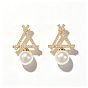 Brass Micro Pave Clear Cubic Zirconia Triangle Stud Earrings, Round Plastic Pearl Dangle Earrings for Women
